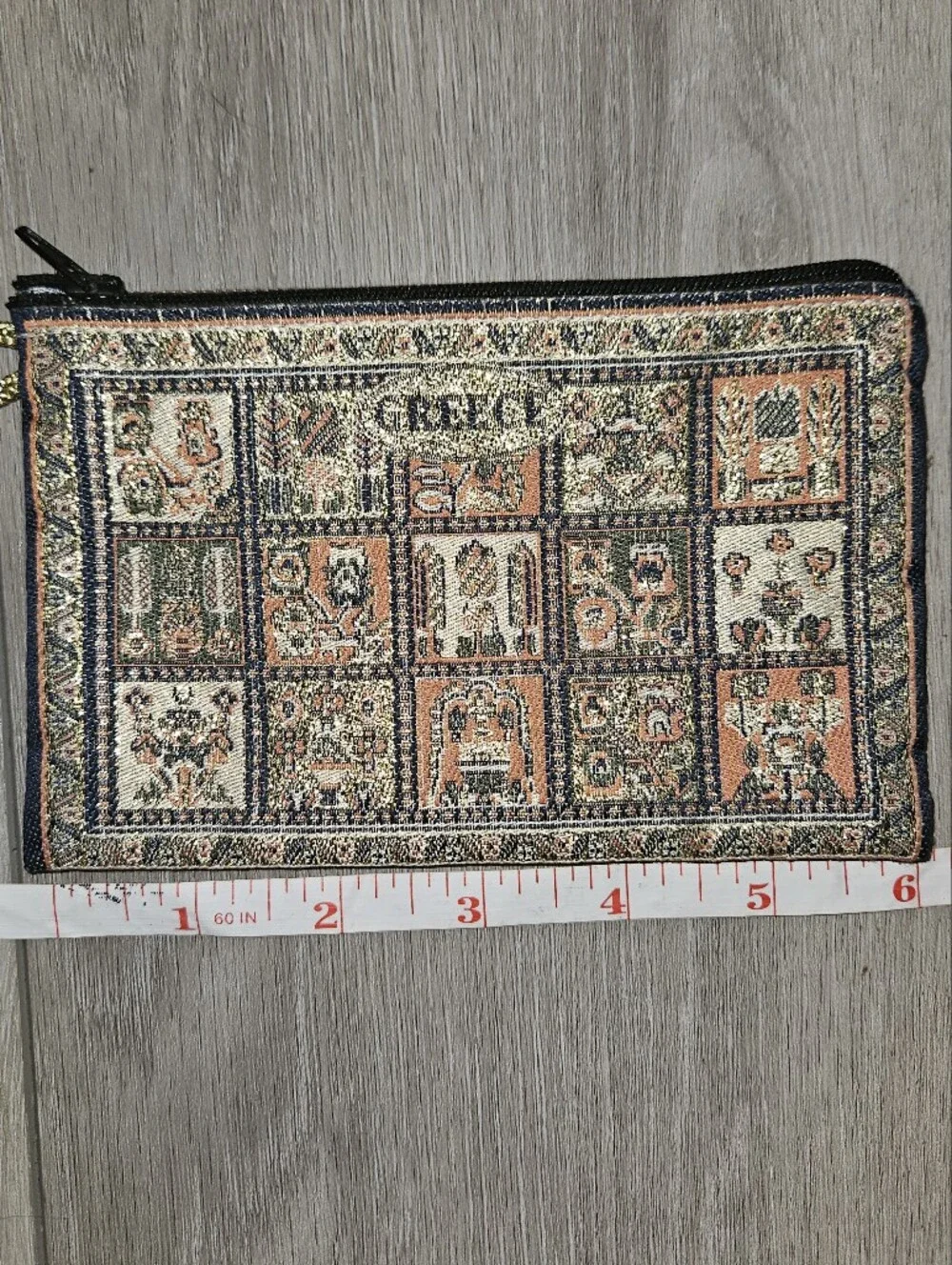 Source Unknown Greece Tapestry Zip Pouch - Black, Cream, Brown, Green, Orange